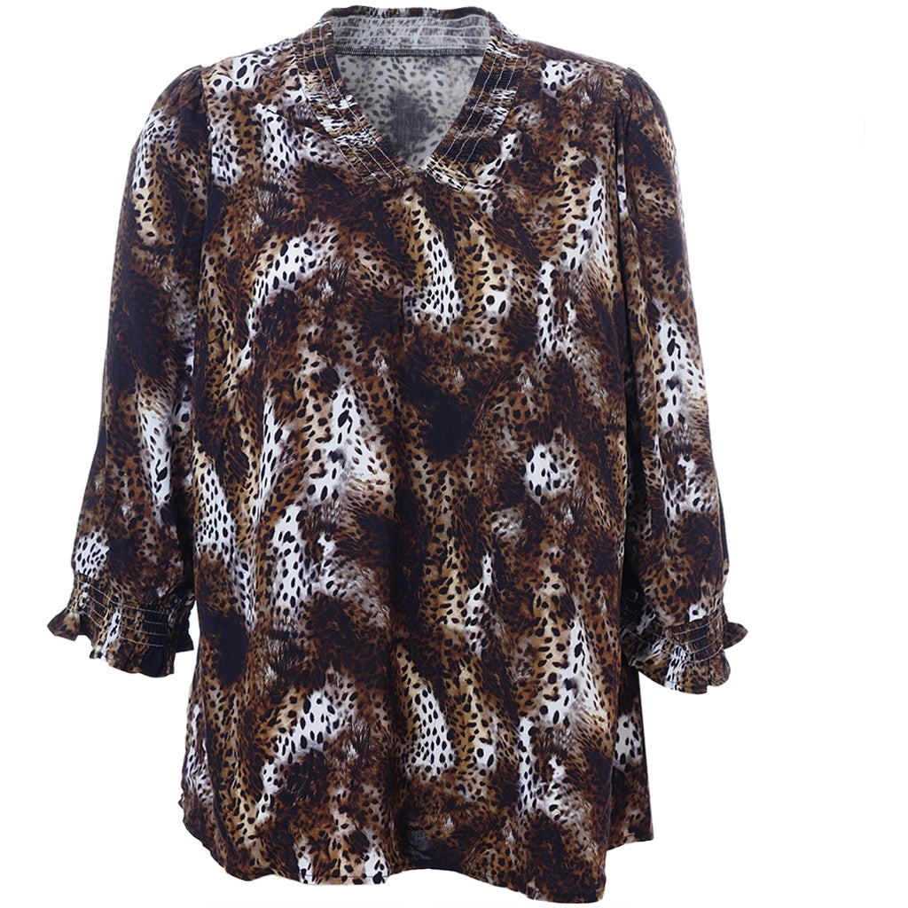 Studio SFeodora Blouse with smock neck Blouse Brown Leoprint