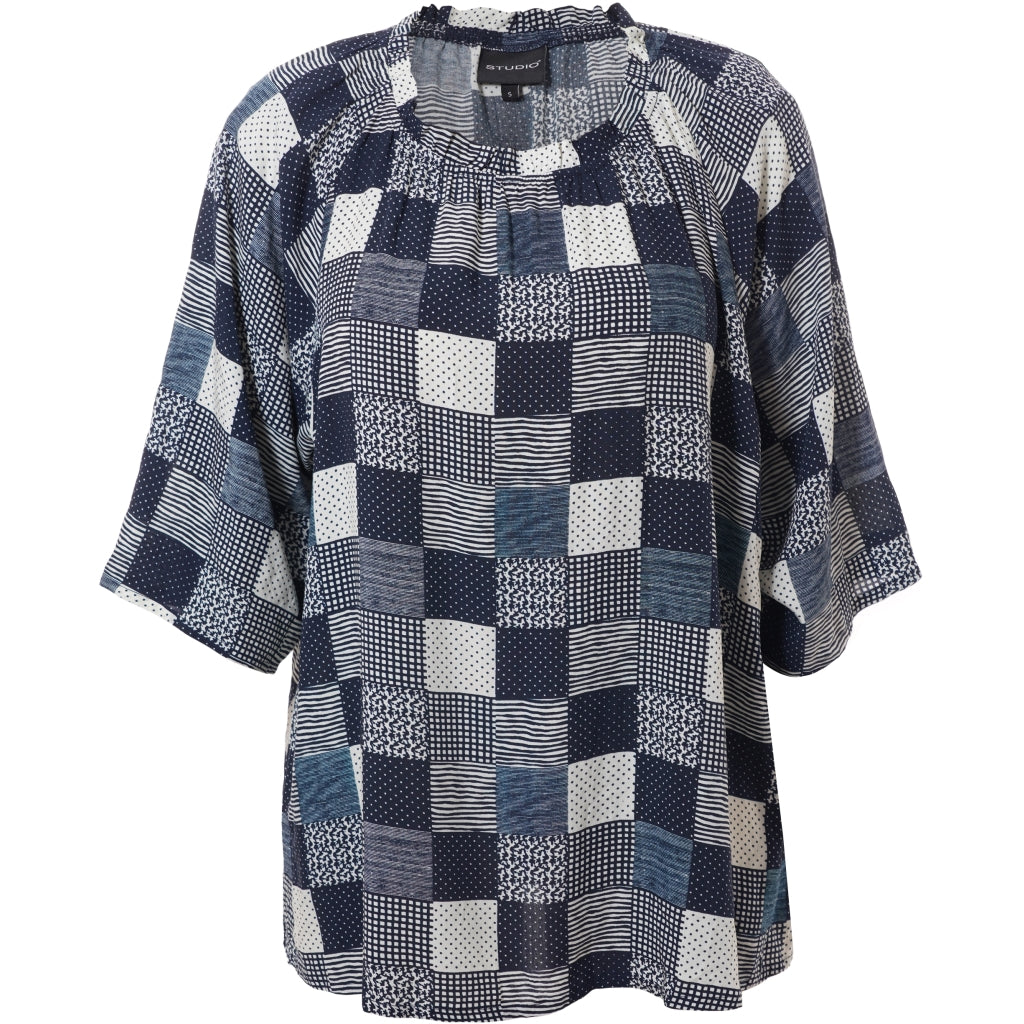 Studio SLeni Blouse Blouse Navy-white checks with print