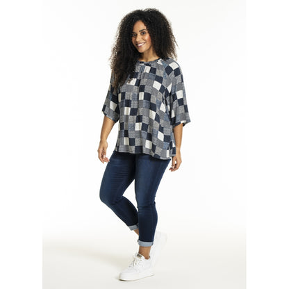 Studio SLeni Blouse Blouse Navy-white checks with print
