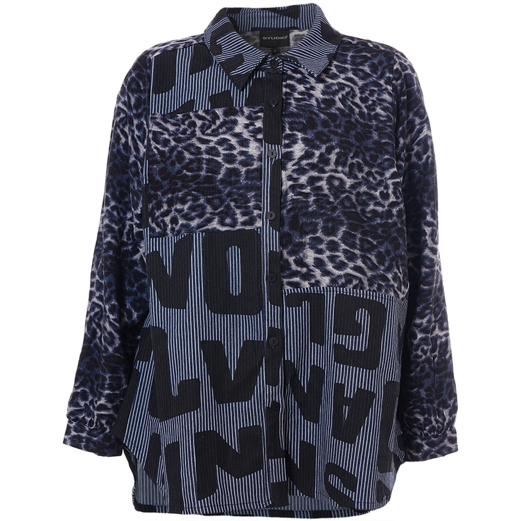 Studio SNorine mix denim shirt Shirt Blue white striped denim with print