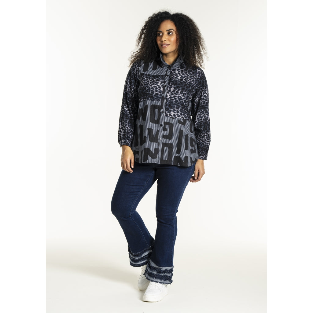 Studio SNorine mix denim shirt Shirt Blue white striped denim with print